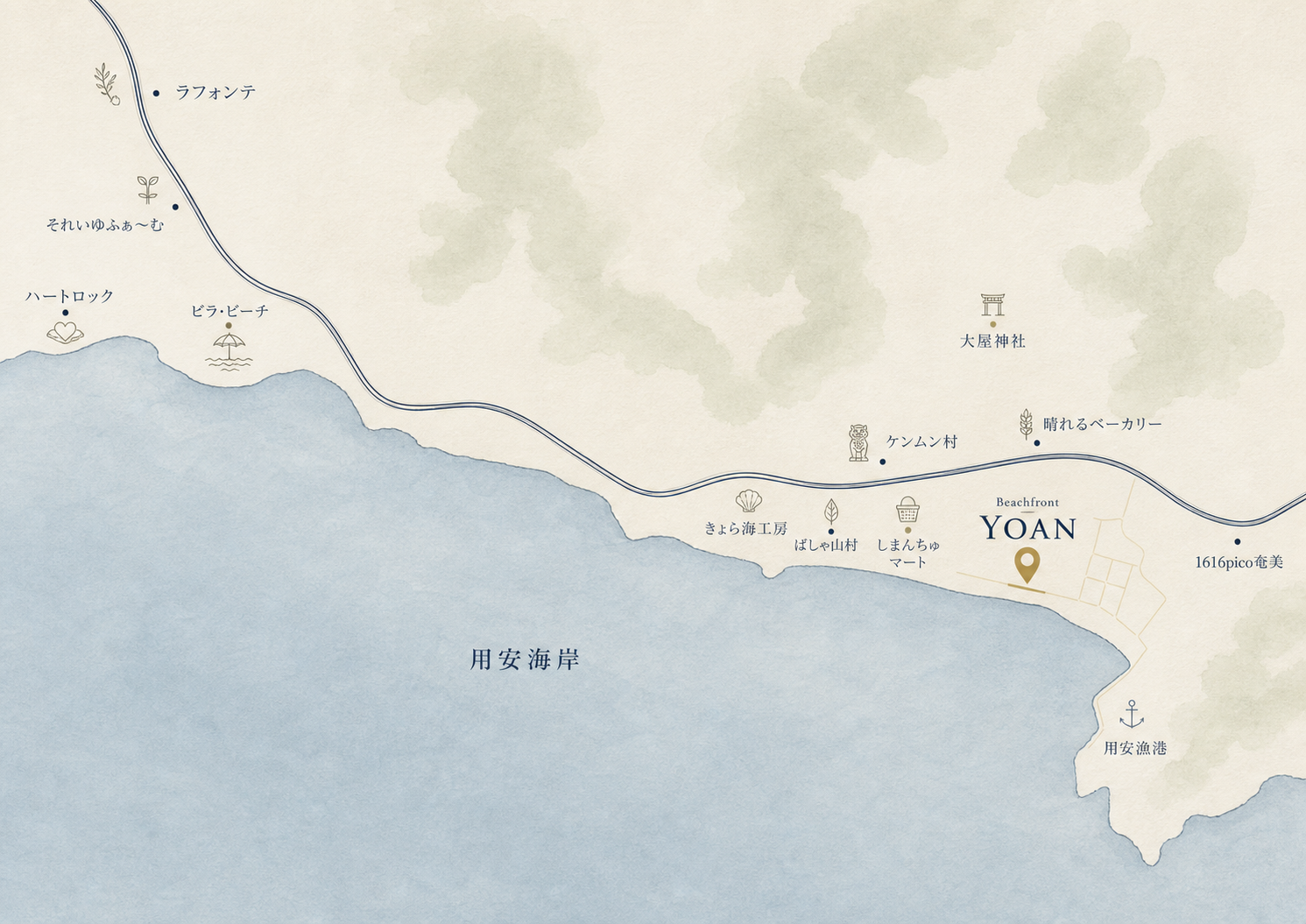 用安周辺と伝泊 The Beachfront YŌANの位置